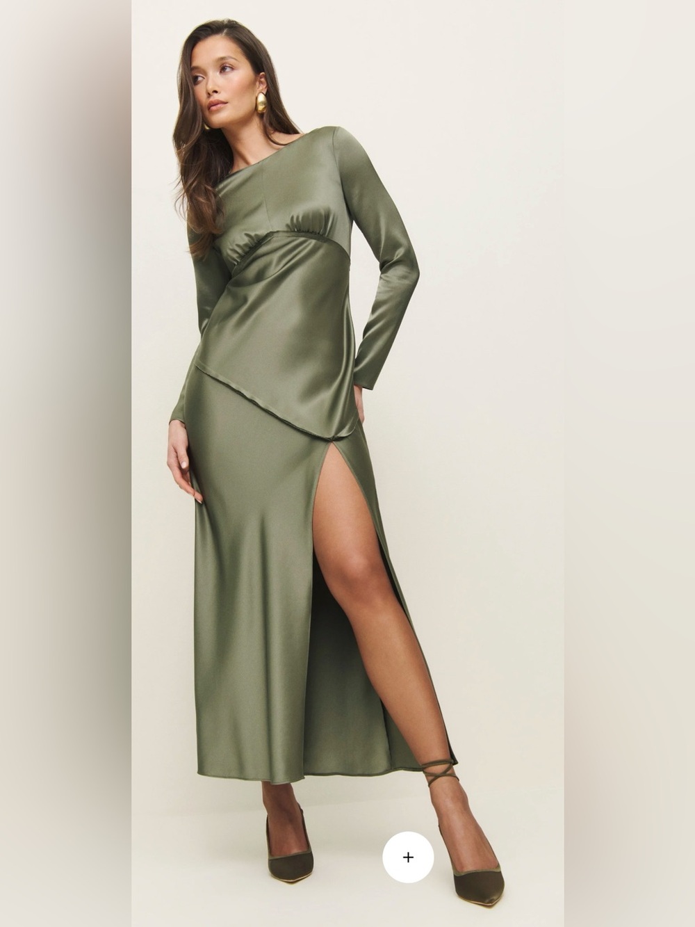 NEW Reformation Naila Olive Green Satin Long-Sleeve High-Slit Gown, XS